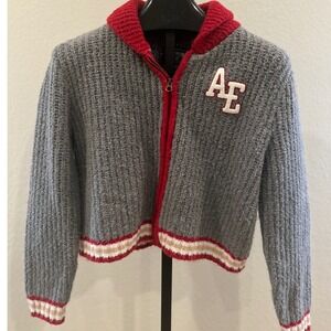 American Eagle Y2K AE Grey Knit Zip Up Sweater Red Trim College Style‎ Women M